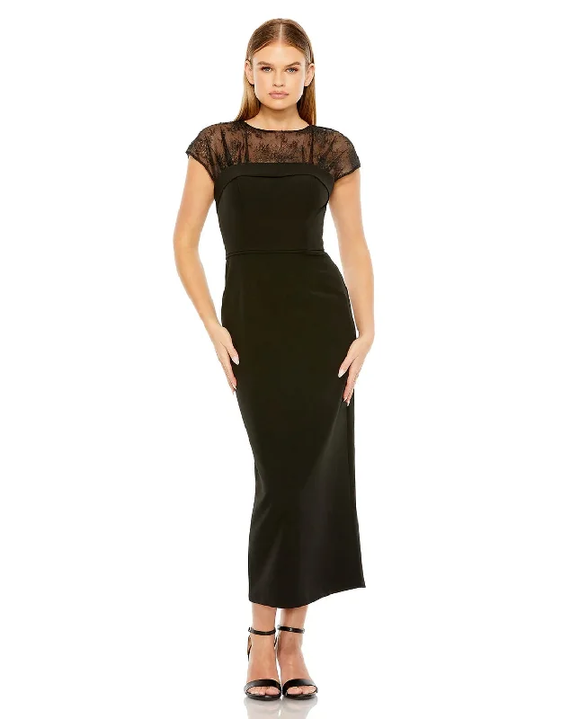 Mac Duggal 49799 Sheer Lace Top Crepe Midi Dress Fashionable Skater Midi Dress