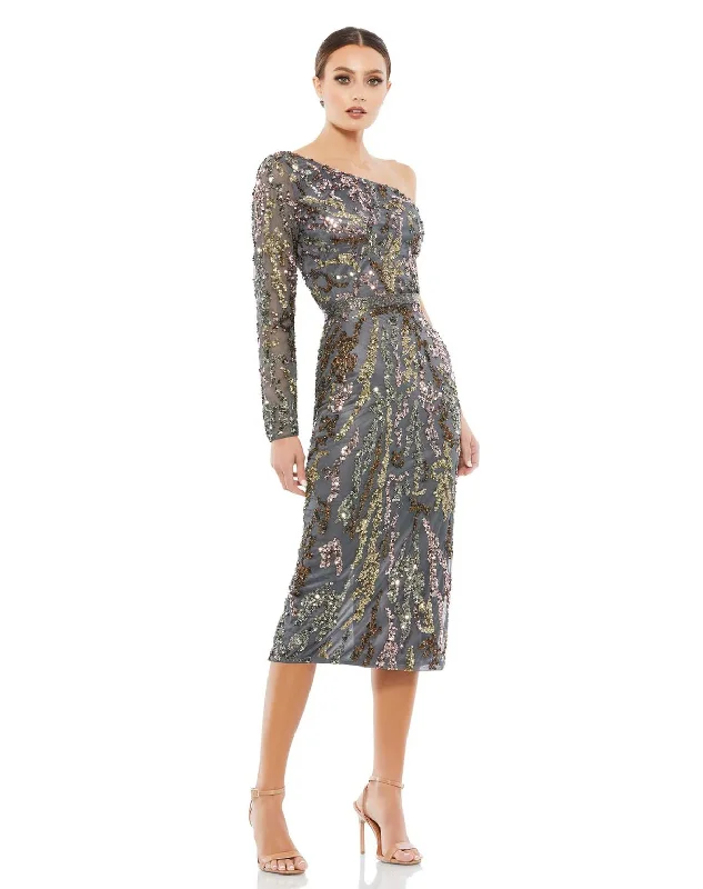 Mac Duggal 5534 Sequined One Shoulder Long Sleeve Midi Dress Elegant Lace Trim Midi Dress Mac Duggal 5534 Sequined One Shoulder Long Sleeve Midi Dress Elegant Lace Trim Midi Dress