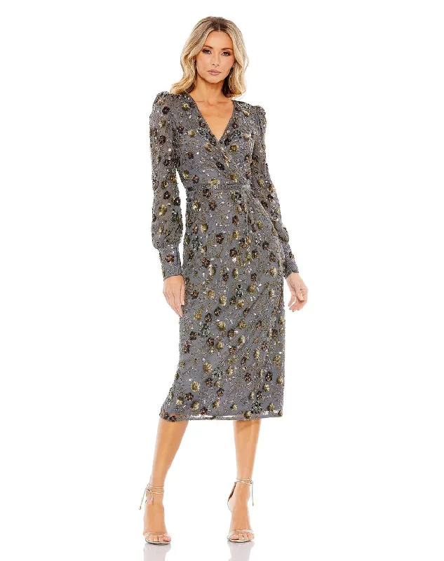 Mac Duggal 5571 Long Sleeve V Neck Midi Dress Trendy Ruched Side Midi Dress