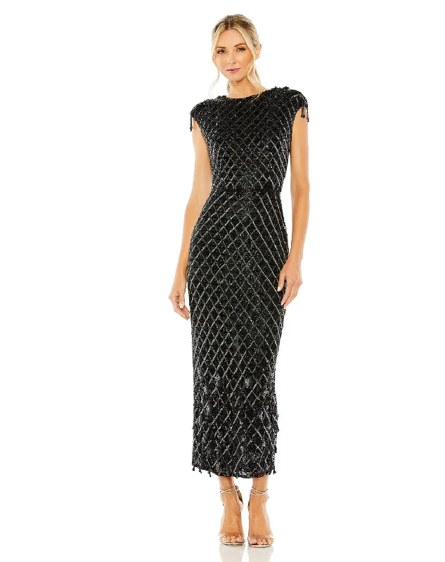 Mac Duggal 5776 Formal Beaded Fringe Midi Dress Trendy Long Sleeve Midi Dress