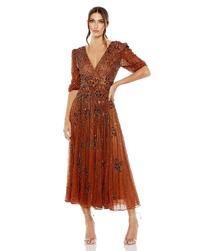 Mac Duggal 5995 Puff Quarter Length Sleeve V Neck Midi Dress Stylish Button-Down Midi Dress Mac Duggal 5995 Puff Quarter Length Sleeve V Neck Midi Dress Stylish Button-Down Midi Dress