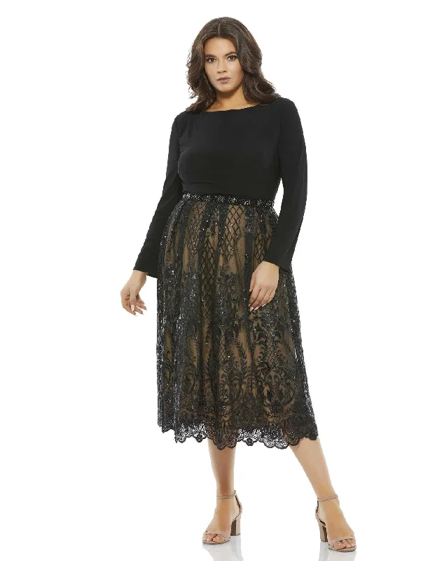 Mac Duggal 67905 Plus Size Long Sleeve Midi Dress Sale Cozy Wide Strap Midi Dress