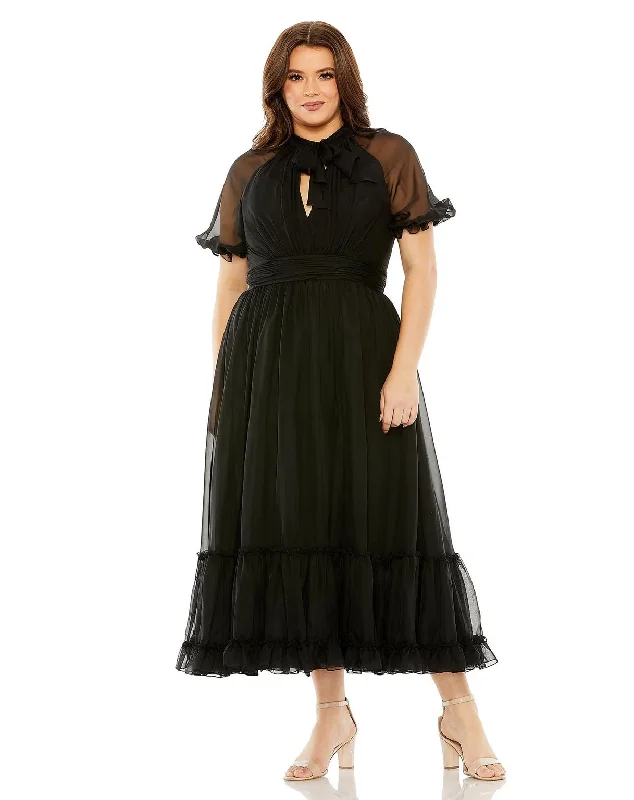Mac Duggal 68428 Sheer Puff Sleeve Plus Size Midi Dress Comfortable Lace-Up Midi Dress Mac Duggal 68428 Sheer Puff Sleeve Plus Size Midi Dress Comfortable Lace-Up Midi Dress