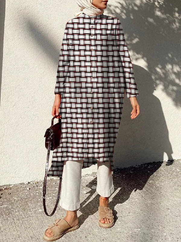 Mandarin Collar Plaid Print Kaftan Long Sleeve Shirt Women Midi Dress Fashionable Polka Dot Midi Dress Mandarin Collar Plaid Print Kaftan Long Sleeve Shirt Women Midi Dress Fashionable Polka Dot Midi Dress