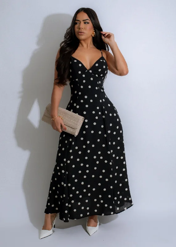 Midnight Whimsy Midi Dress Black Fashionable A-Line Midi Dress