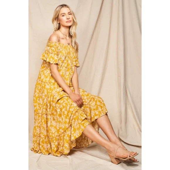 Moss Yellow Floral Flowly Bohemian Tiered Off The Shoulder Casual Midi Dress Elegant Satin Button Midi Dress Moss Yellow Floral Flowly Bohemian Tiered Off The Shoulder Casual Midi Dress Elegant Satin Button Midi Dress