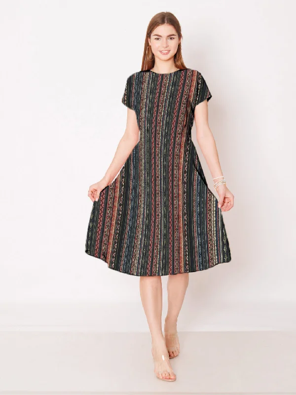 Multi-Colored Geometric Printed A-Line Midi Dress Trendy Knit Midi Dress