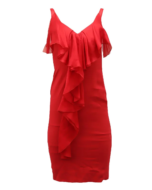 Ruffle Midi Dress in Red Silk Elegant Floral Appliqué Midi Dress