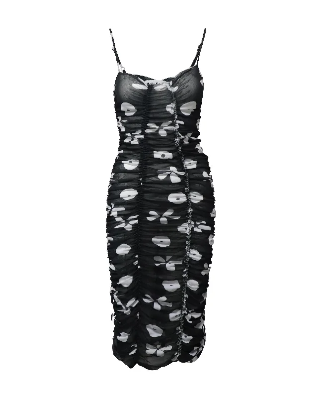Bold Black-and-White Floral Ruched Midi Dress Comfortable Ruched Midi Dress