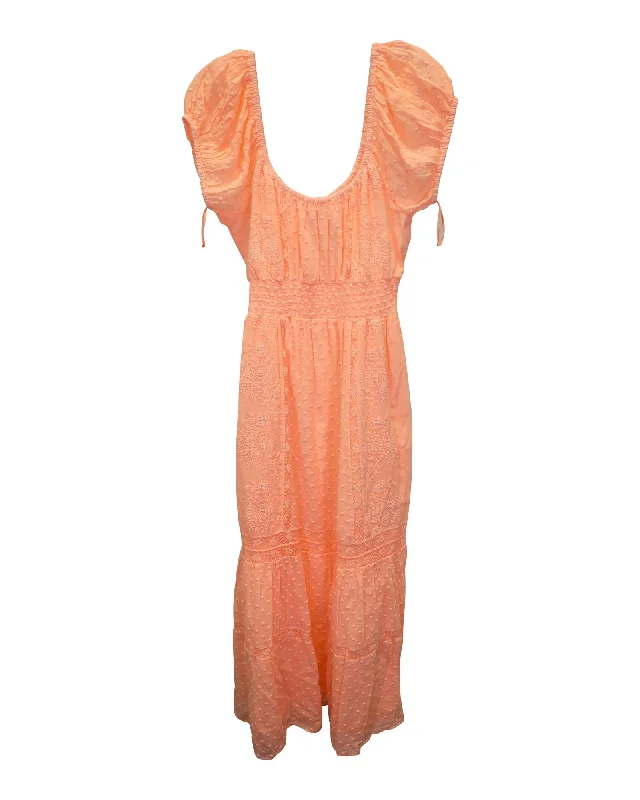 Embroidered A-Line Midi Dress in Orange Cotton Comfortable Floral Print Midi Dress