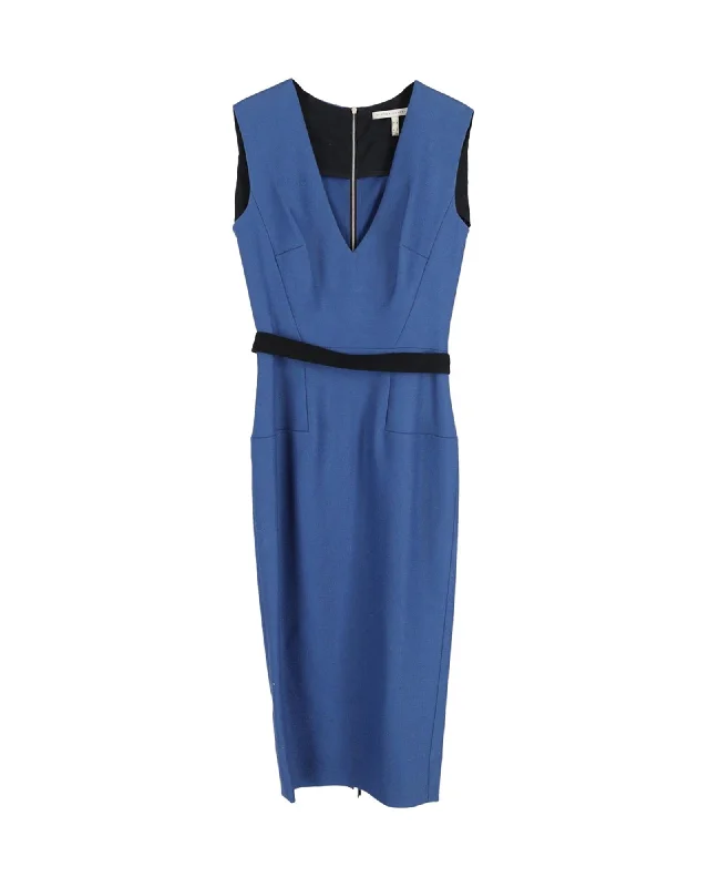 Blue V-Neck Belted Midi Dress in Polyester Elegant Pleated Detail Midi Dress