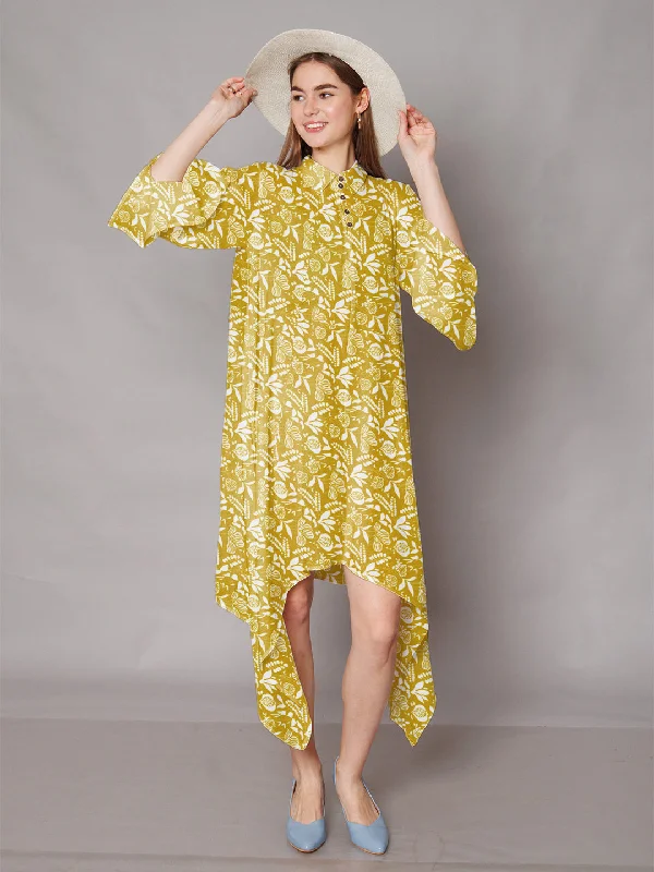 Ochre Yellow Floral Printed High-Low Midi Dress Elegant Pleated Detail Midi Dress