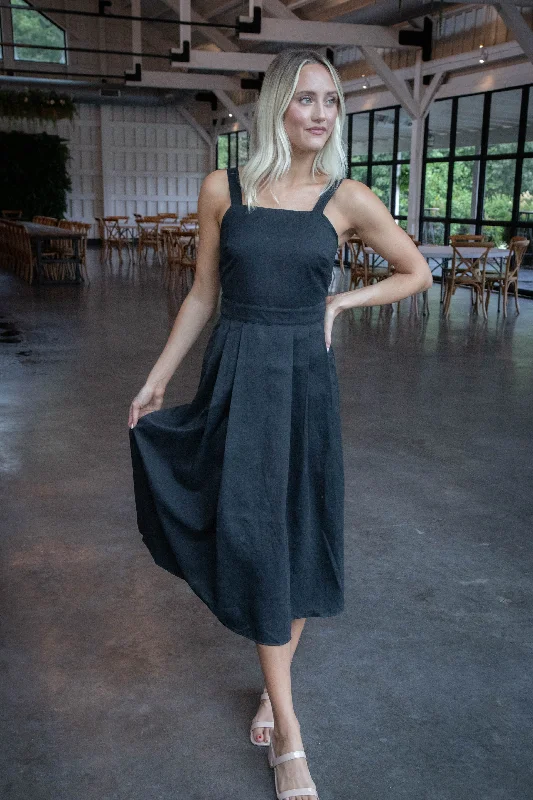 Olive Groves Pleated Midi Dress, Black | Sadie & Sage Chic Lace Detail Midi Dress