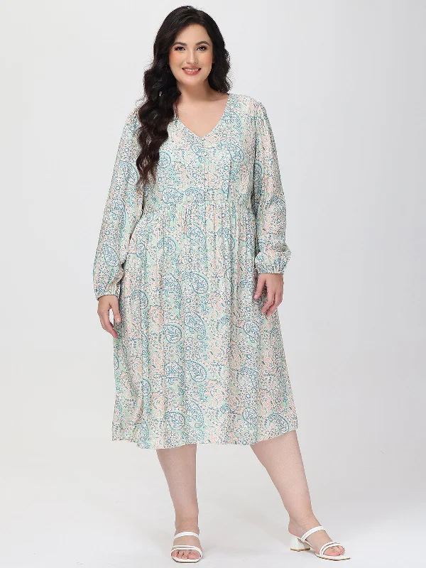 Plus Paisley V-Neck Midi Dress Trendy Ruched Side Midi Dress