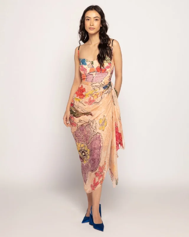 Periwinkle Bandhani Side Drape Midi Dress Comfortable Stretch Midi Dress