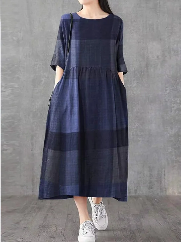 Plaid Half Sleeve Pocket Women Midi Dresses Comfortable Wrap Midi Dress