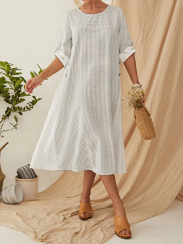Plaid Patchwork Embroidery O-neck Long Sleeve Button Casual Women Midi Dress Fashionable Off-Shoulder Dress Midi Plaid Patchwork Embroidery O-neck Long Sleeve Button Casual Women Midi Dress Fashionable Off-Shoulder Dress Midi