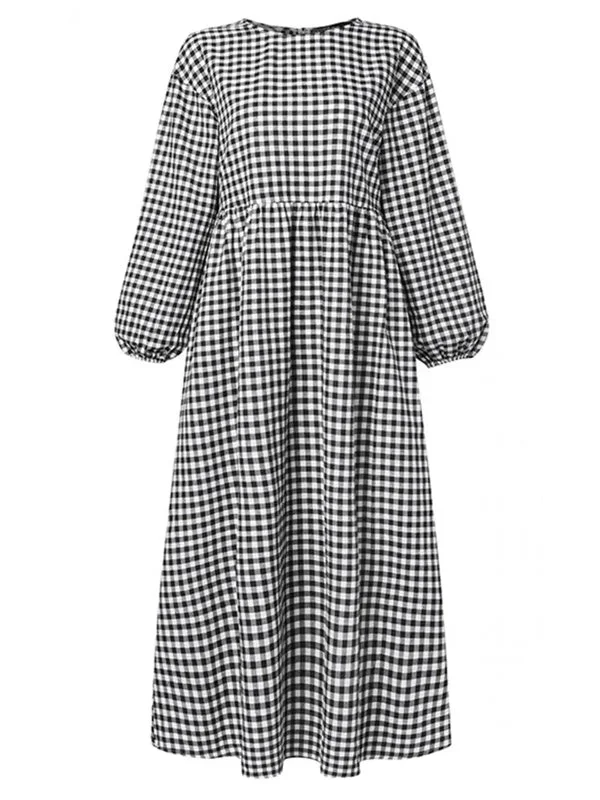 Plaid Print Pleated Round Neck Casual Half Sleeve Women Midi Dress Stylish Button-Down Midi Dress Plaid Print Pleated Round Neck Casual Half Sleeve Women Midi Dress Stylish Button-Down Midi Dress