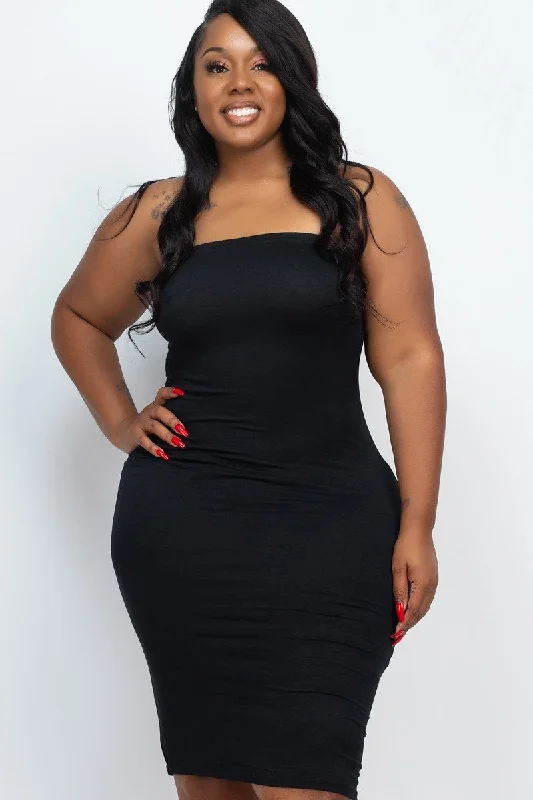 Plus Size Black Tube Bodycon Midi Dress Cozy Wide Strap Midi Dress