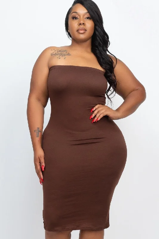 Plus Size Brown Tube Bodycon Midi Dress Stylish Silk Midi Dress