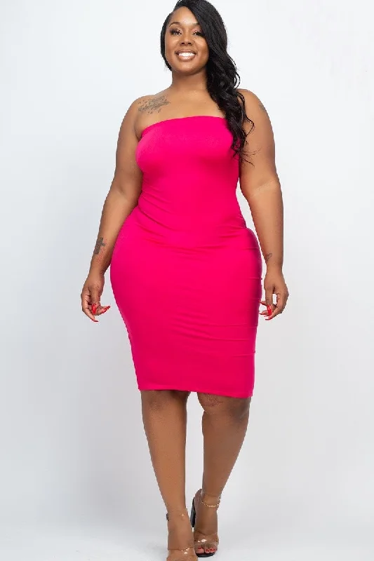 Plus Size Hot Pink Tube Bodycon Midi Dress Stylish Button-Up Midi Dress