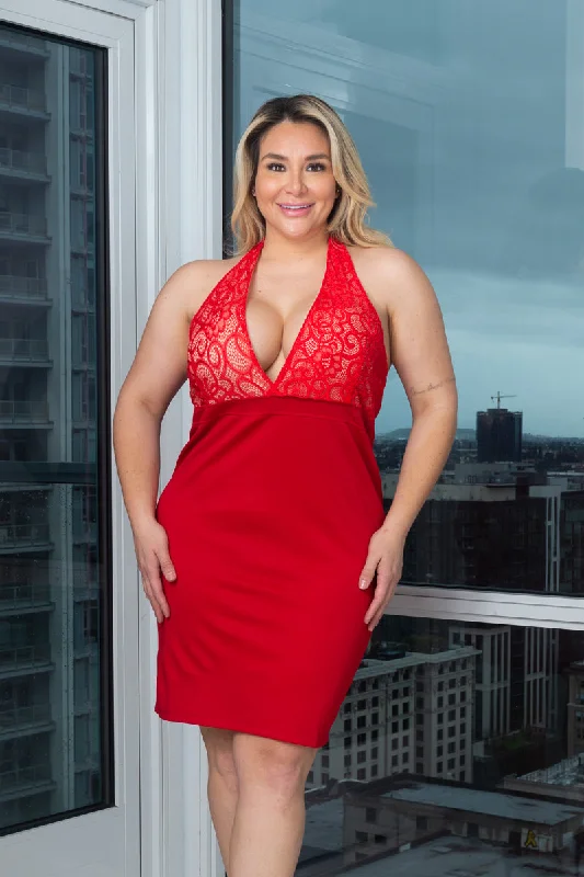 Plus Size Lace Deep Plunge Halter Neck Midi Dress With Nude Top lining(CD-5986) Fashionable One-Shoulder Midi Dress