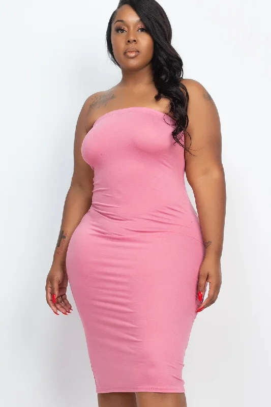 Plus Size Pink Tube Bodycon Midi Dress Elegant Pleated Detail Midi Dress