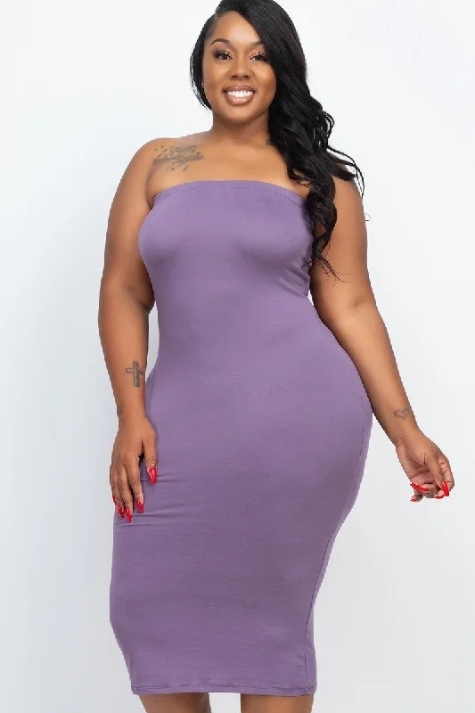 Plus Size Purple Tube Bodycon Midi Dress Trendy Flared Sleeve Midi Dress