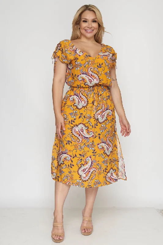 Plus Size V-Neck Paisley Plaid Midi Dress with Drawstring Cinched Waist* (RD16601P-B) Comfortable Adjustable Strap Midi Dress Plus Size V-Neck Paisley Plaid Midi Dress with Drawstring Cinched Waist* (RD16601P-B) Comfortable Adjustable Strap Midi Dress