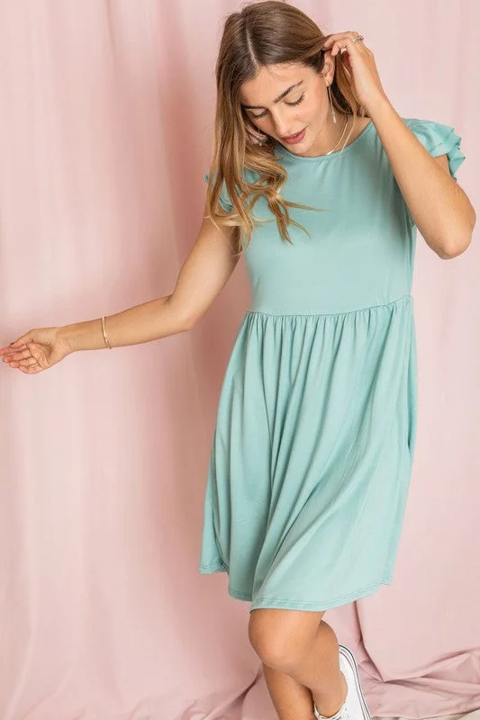 Plus Solid Ruffle Cap Sleeve Midi Dress Elegant Pleated Detail Midi Dress