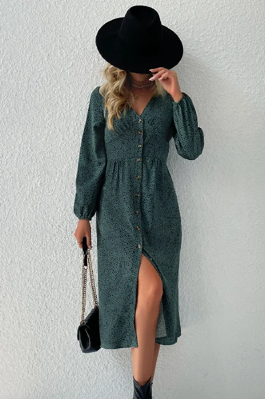 Printed Button Down V-Neck Midi Dress Stylish Cold Shoulder Midi Dress