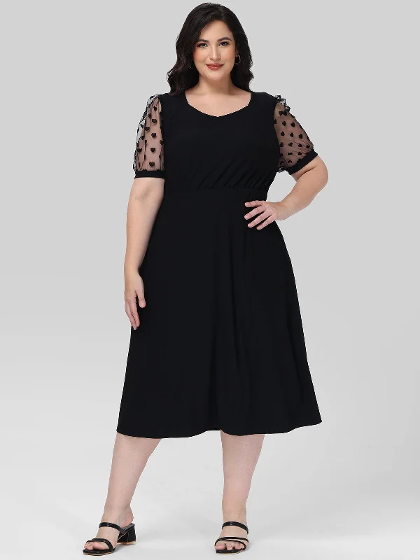Plus Puff Sleeve Midi Dress Comfortable Geometric Print Midi Dress