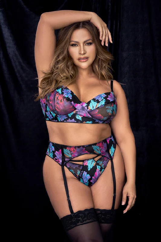 Queen Dream Flower Bra Garterbelt Set Lace Back Bra