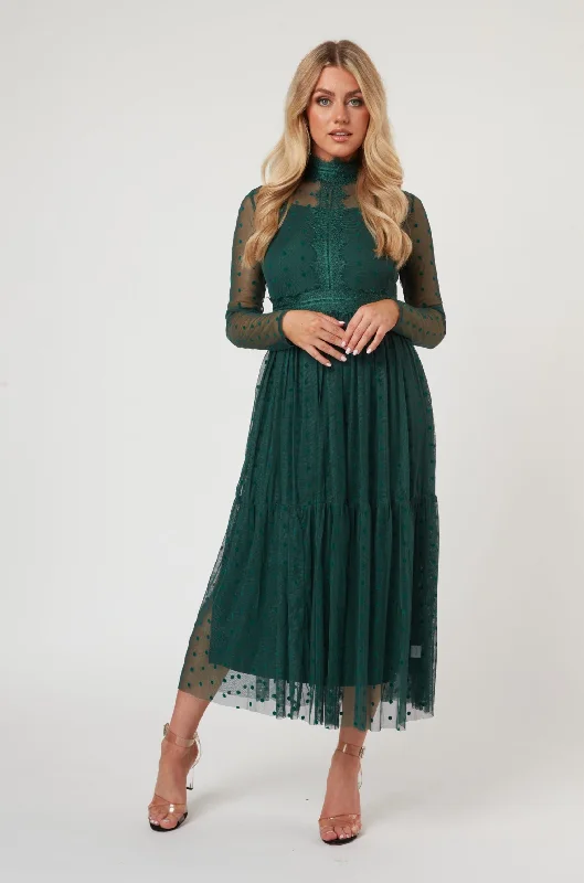 Roman Lola Polka Dot Midi Dress in Green Comfortable Deep V Midi Dress