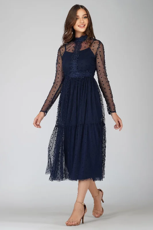 Roman Lola Polka Dot Midi Dress in Navy Blue Comfortable Geometric Print Midi Dress