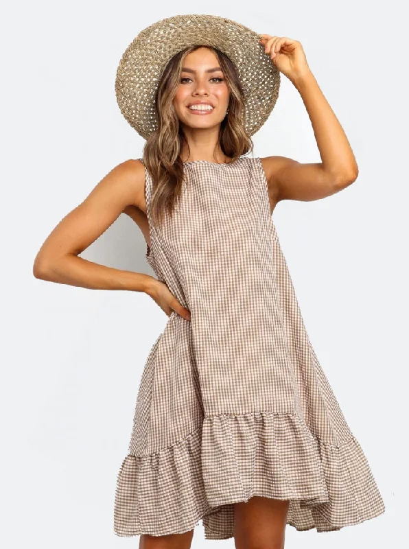 Elegant Women Midi Dresses Sleeveless Check Crew Neck Ruffle Dress Stylish Pleated Skirt Midi Dress Elegant Women Midi Dresses Sleeveless Check Crew Neck Ruffle Dress Stylish Pleated Skirt Midi Dress