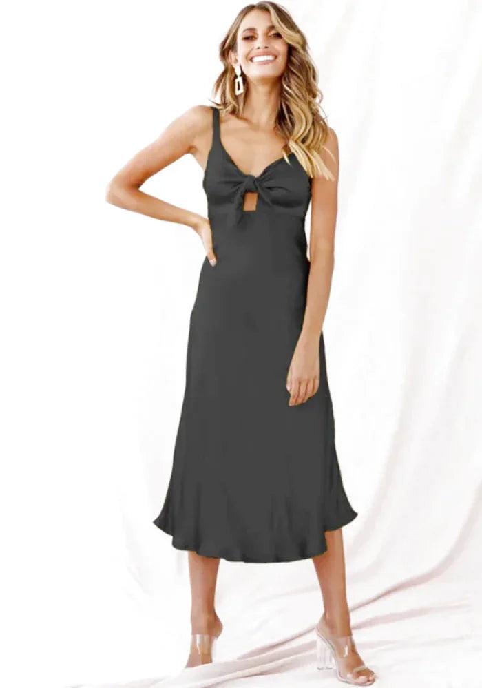Satin Black Midi Dress Trendy Flared Sleeve Midi Dress