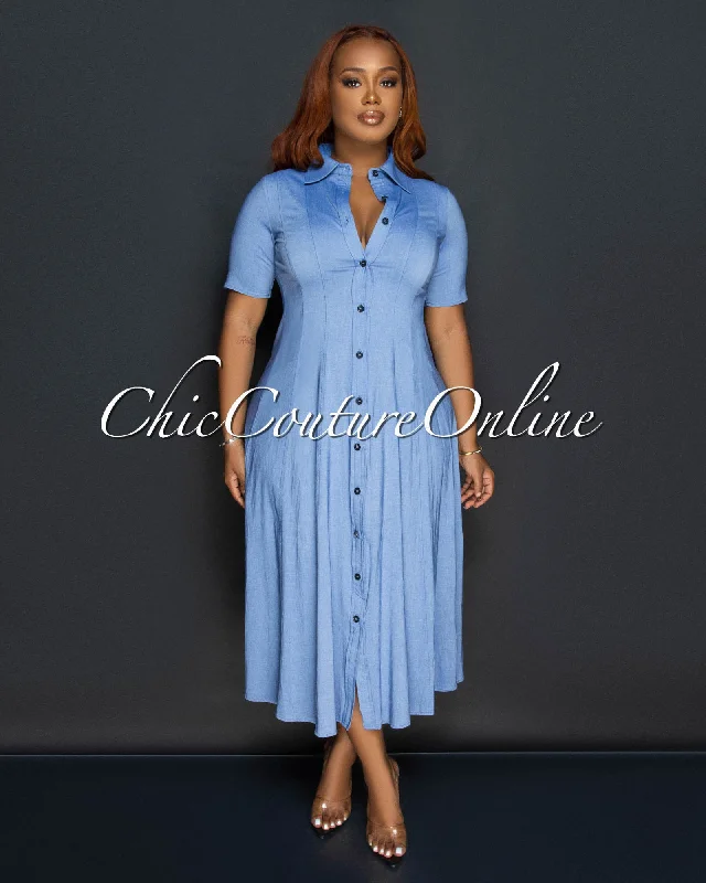 Saveria Light Blue Chambray Midi Dress Chic Off-Shoulder Midi Dress