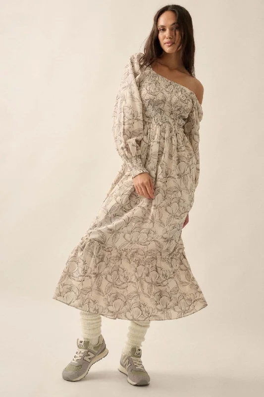 Serene Garden Floral Smocked Peasant Midi Dress Comfortable Knitwear Midi Dress