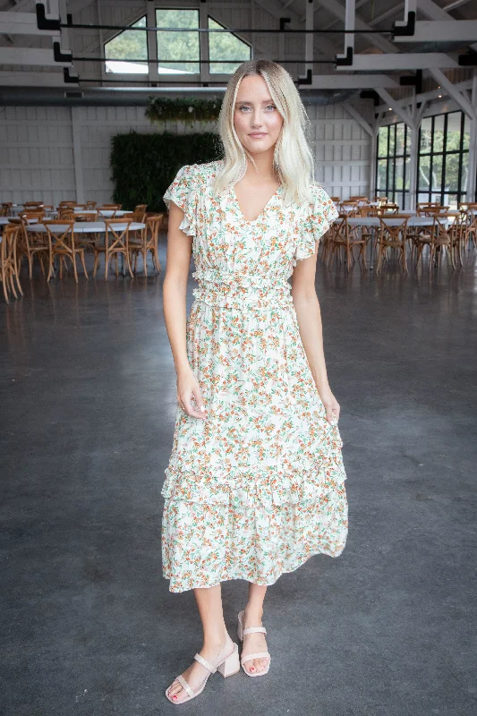 Slow Travels Ruffle Midi Dress, Cream Multi | Sadie & Sage Cozy Midi Dress with Pockets