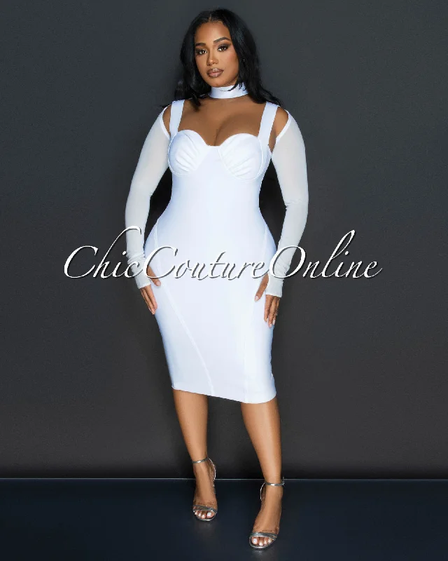 Solia Off-White Cut Out Bandage Midi Dress Trendy Long Sleeve Midi Dress