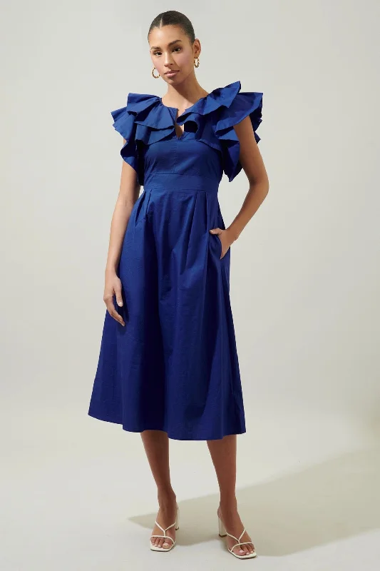 Santana Ruffle Sleeve Tie Back Midi Dress - NAVY Elegant Satin Midi Dress