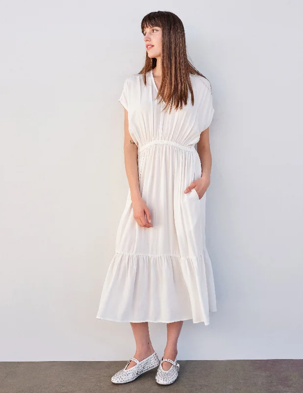 Sundry Midi Dress with Ruffle in Cream Elegant Floral Midi Dress
