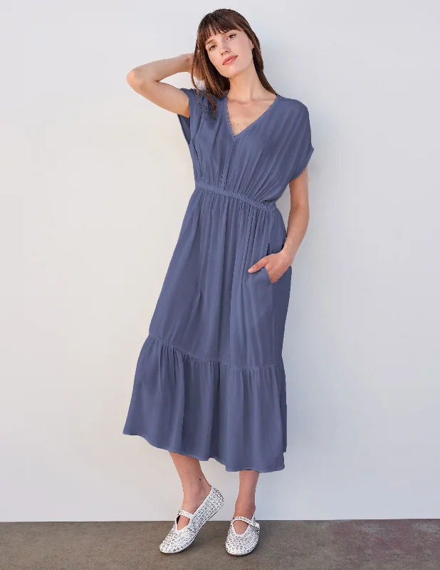 Sundry Midi Dress with Ruffle in Navy Cozy Midi Dress with Pockets