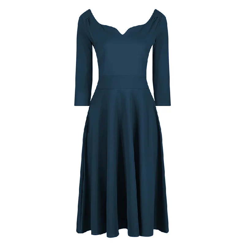 Teal Diamond Neckline 3/4 Sleeve Vintage Swing Midi Dress Comfortable Sleeveless Midi Dress Teal Diamond Neckline 3/4 Sleeve Vintage Swing Midi Dress Comfortable Sleeveless Midi Dress