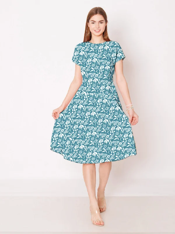 Teal Floral Printed A-Line Midi Dress Fashionable Plaid Midi Dress