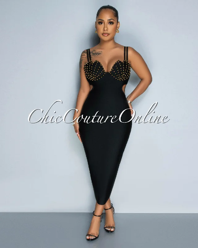 Timmy Black Gold Bust Beads Accent Bandage Midi Dress Elegant Maxi-Midi Hybrid Dress Timmy Black Gold Bust Beads Accent Bandage Midi Dress Elegant Maxi-Midi Hybrid Dress