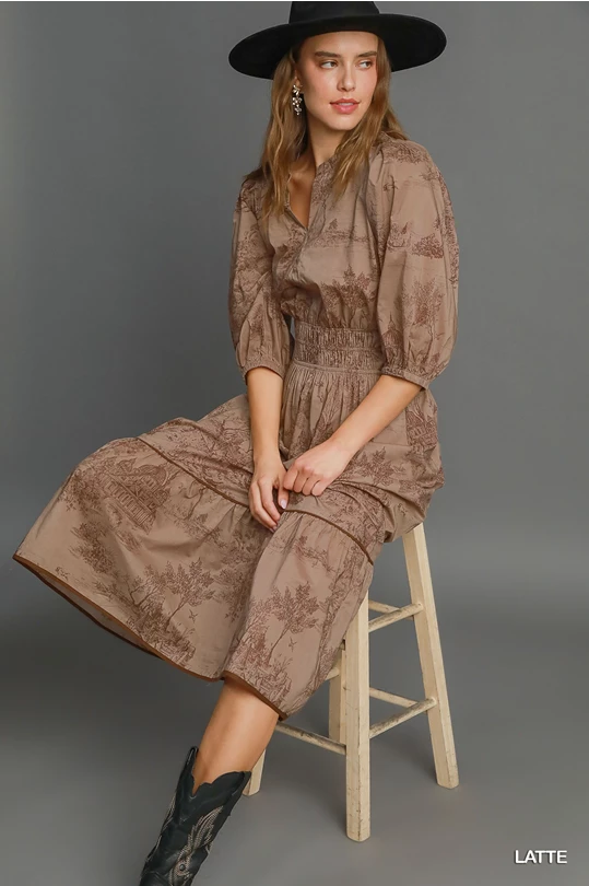 Toile Print Tiered Midi Dress Elegant Satin Button Midi Dress