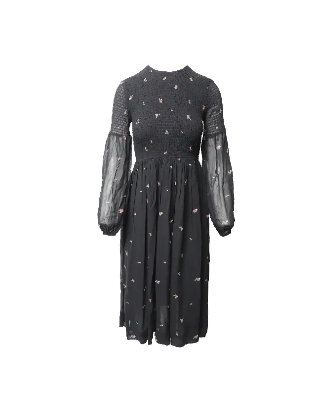 Floral-Print Georgette Midi Dress in Black Viscose Elegant Faux Wrap Midi Dress