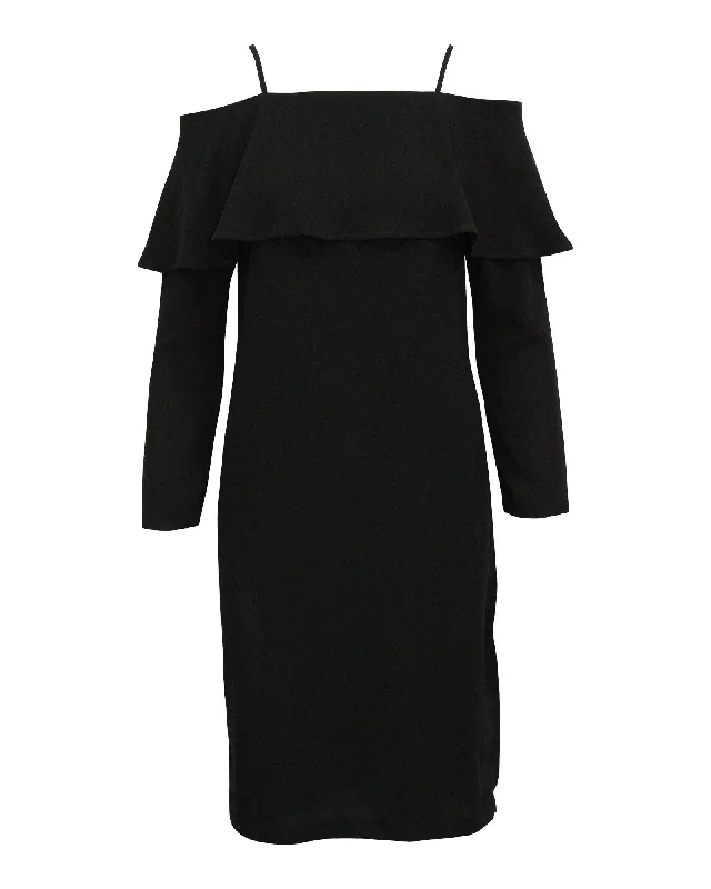Off-Shoulder Black Polyester Midi Dress with Ruffled Detail Trendy Ruffle Hem Midi Dress Off-Shoulder Black Polyester Midi Dress with Ruffled Detail Trendy Ruffle Hem Midi Dress